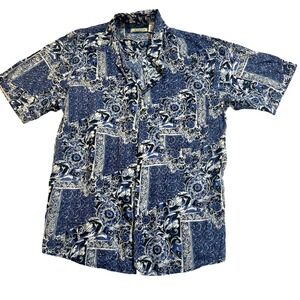 Vintage SUMMA Men Silk Short Sleeve Button Down Shirt Blue Baroque Print Size S